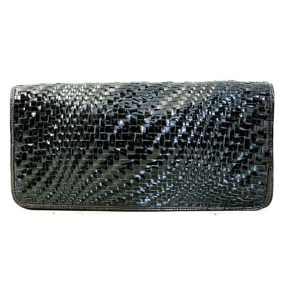 7.2"x14.5" Cole Haan PATENT BROWN WOVEN GENUINE LEATHER FLAP LRG CLUTCH HANDBAG - Picture 1 of 10